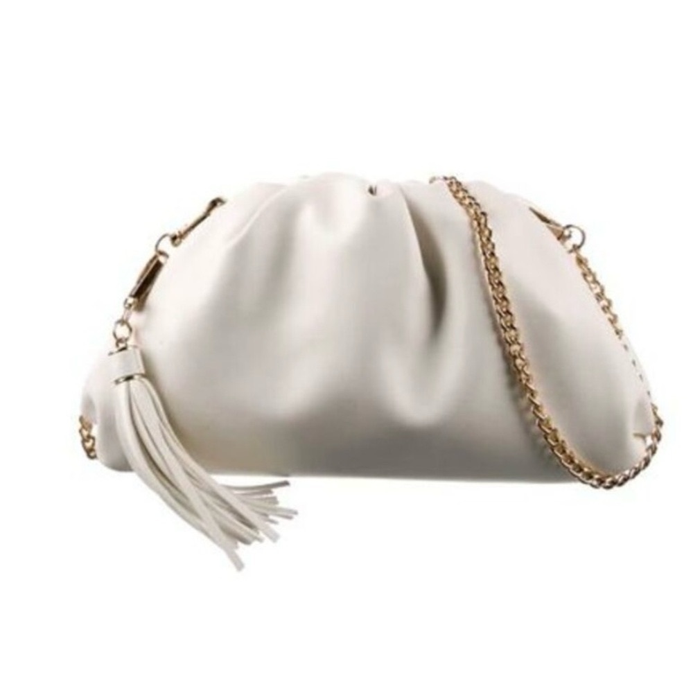 128 MSRP $100 Understated Leather (Vegan) Crescent Clutch Ivory with Dust Bag